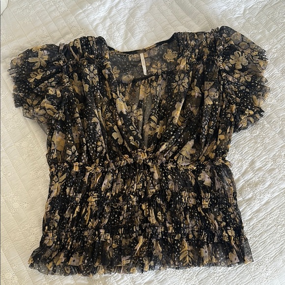 Free People Sheer Floral Ruffle Sleeve Top - Picture 1 of 3